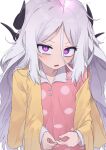  1girl bags_under_eyes blue_archive highres hina_(blue_archive) horns long_hair looking_at_viewer nakta pajamas purple_hair simple_background slit_pupils solo tears very_long_hair violet_eyes white_background 