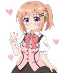  1girl black_skirt blush bow brown_hair closed_mouth collared_shirt commentary_request gochuumon_wa_usagi_desu_ka? hair_ornament hairclip hand_up heart hoto_cocoa kapuru_0410 looking_at_viewer pink_vest puffy_short_sleeves puffy_sleeves rabbit_house_uniform red_bow shirt short_sleeves side_ponytail simple_background skirt smile solo uniform vest violet_eyes w waitress white_background white_shirt 