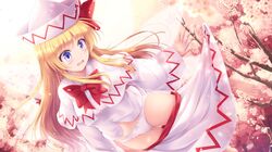  1girl barefoot blonde_hair blue_eyes blush buttons capelet cherry_blossoms clothes_pull eyebrows_visible_through_hair fairy fairy_wings fingernails hat highres lily_white long_hair long_sleeves lzh open_mouth panties petals shirt skirt skirt_pull solo touhou underwear white_capelet white_headwear white_panties white_shirt white_skirt wings 