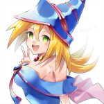  1girl bare_shoulders blonde_hair blush blush_stickers breasts dark_magician_girl duel_monster green_eyes hair_between_eyes hat highres large_breasts long_hair looking_at_viewer open_mouth simple_background smile solo twitter_username u_yuz_xx upper_body v white_background wizard_hat yu-gi-oh! 
