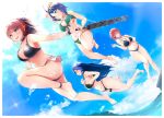  4girls airborne ankle_strap azur_lane bikini breasts clouds dermar full_body highres holding jumping large_breasts multiple_girls nicoloso_da_recco_(azur_lane) nicoloso_da_recco_(to_a_smashing_voyage!)_(azur_lane) o-ring o-ring_bikini official_alternate_costume pompeo_magno_(azur_lane) swimsuit tan tanlines thigh_strap trento_(azur_lane) trento_(summer&#039;s_hotness?)_(azur_lane) water whistle zara_(azur_lane) zara_(poolside_coincidence)_(azur_lane) 