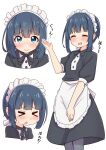  &gt;_&lt; 1girl ^_^ absurdres alternate_costume ao_(flowerclasse) apron bangs black_dress black_legwear blue_eyes blue_hair blush closed_eyes closed_mouth commentary_request cropped_torso dress enmaided eyebrows_visible_through_hair frilled_apron frills highres looking_at_viewer maid maid_headdress minagi_hiyori open_mouth pantyhose puffy_short_sleeves puffy_sleeves short_sleeves simple_background slow_loop solo translation_request upper_body waist_apron waitress wavy_mouth white_apron white_background 