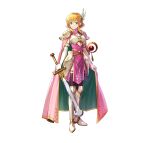  1girl absurdres armor artist_request bangs black_legwear blonde_hair blue_eyes breastplate cape commentary_request dress elbow_gloves fire_emblem fire_emblem:_thracia_776 fire_emblem_heroes full_body gloves greaves highres holding holding_sword holding_weapon looking_at_viewer nanna_(fire_emblem) official_art pauldrons pink_cape pink_dress short_hair shoulder_armor simple_background smile solo standing sword thigh-highs weapon white_background white_gloves wing_hair_ornament 