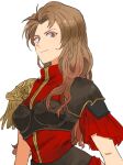  1girl armor brown_eyes brown_hair closed_mouth gensou_suikoden gensou_suikoden_i long_hair looking_at_viewer simple_background smile solo valeria_(suikoden) white_background 