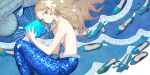  1girl absurdres bag blue_eyes hair_ornament high_heels highres jewelry light_brown_hair long_hair looking_at_viewer lying mermaid monster_girl natsuiro navel necklace on_side original pearl_necklace pumps shell shell_bikini shoes solo 
