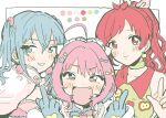  #unit_name_boshuuchuu_(idolmaster) 3girls :d ahoge alternate_hair_color blue_hair blush fang grin highres idol idolmaster idolmaster_cinderella_girls inichigaichi looking_at_viewer middle_finger multicolored_hair multiple_girls pink_hair ponytail redhead smile sunazuka_akira tsujino_akari twintails two-tone_hair yumemi_riamu 