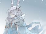  1girl an_fyhx animal_ears arknights black_eyes coat commentary ear_ornament frostnova_(arknights) grey_background grey_shirt hair_ornament hair_over_one_eye hairclip highres long_hair long_sleeves looking_at_viewer open_clothes open_coat rabbit_ears scar scar_on_face scar_on_nose shirt smile solo symbol-only_commentary upper_body white_coat white_hair 