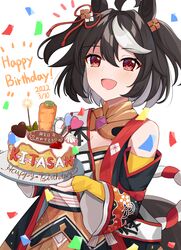  1girl absurdres ahoge animal_ears asahina_yoi birthday black_hair blush breasts cake carrot food fruit hair_ornament happy_birthday heart highres horse_ears horse_girl horse_tail kitasan_black_(umamusume) looking_at_viewer multicolored_hair open_mouth plate red_eyes short_hair smile strawberry streaked_hair tail umamusume white_background white_hair 