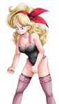  1girl blonde_hair blue_eyes clenched_hands curly_hair dragon_ball dragon_ball_(classic) feet_out_of_frame frills hair_ribbon hairband highres leotard lingerie long_hair lunch_(dragon_ball) red_hairband red_ribbon ribbon simple_background solo thigh-highs underwear white_background youngjijii 