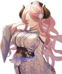  1girl a_guseon breasts closed_eyes draph gold_trim granblue_fantasy hair_over_one_eye highres horns japanese_clothes kimono large_breasts light_purple_hair long_hair low_tied_hair narmaya_(granblue_fantasy) pointy_ears ponytail purple_hair solo white_background white_kimono 
