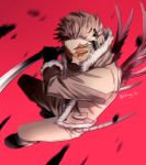  1boy belt blonde_hair blurry boku_no_hero_academia boots brown_jacket brown_pants ching_32 costume depth_of_field facial_mark feathered_wings fighting_stance from_above full_body fur-trimmed_jacket fur_trim gloves hawks_(boku_no_hero_academia) headphones highres holding holding_sword holding_weapon jacket katana male_focus mini_wings motion_blur narrowed_eyes pants red_background red_feathers red_wings rimless_eyewear short_hair soft_focus solo sword tinted_eyewear twitter_username weapon wings yellow_eyes 