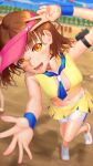  1girl background_character blurry blurry_background brown_hair chair cheerleader close-up navel necktie original outdoors peace_sign peace_symbol short_shorts sports_festival stomach sun_hat sunlight sweat sweating sweating_profusely yellow_eyes 