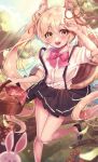  1girl :3 :d absurdres animal_ear_fluff animal_ears basket blonde_hair blurry blurry_foreground blush bow branch bread commentary_request commission eyebrows_visible_through_hair food frilled_skirt frills hair_between_eyes hair_ornament hand_up highres holding knees_together_feet_apart leehwa long_hair looking_at_viewer mushroom open_mouth original outdoors pink_bow rabbit river rope shadow shirt short_sleeves skirt smile solo squirrel_ears squirrel_girl standing standing_on_one_leg suspenders teeth thighs tree twintails upper_teeth white_shirt yellow_eyes 