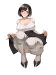  1girl absurdres bangs black_skirt blush bob_cut breasts brown_eyes brown_hair collarbone eyebrows_visible_through_hair fromgod_jungle highres parted_lips pleated_skirt short_hair simple_background skirt squatting thighs white_background 