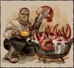  1boy blackguard_big_boggart bonfire butter cooking elden_ring food full_body helmet highres lobster looking_at_viewer nightmaresyrup pot solo squatting tongs 