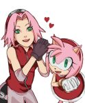  2girls akatsukiarts amy_rose black_gloves color_connection crossover furry furry_female gloves green_eyes haruno_sakura heart multiple_girls naruto_(series) naruto_shippuuden open_mouth pink_hair redhead simple_background smile sonic_(series) trait_connection white_background white_gloves 