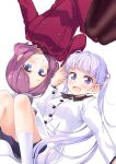  2girls black_legwear blue_eyes blush closed_mouth coat eyebrows_visible_through_hair highres long_hair looking_at_viewer multiple_girls new_game! open_mouth pantyhose purple_hair short_hair smile socks suzukaze_aoba tokunou_shoutarou tooyama_rin twintails violet_eyes white_coat white_legwear 