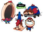 brown_hair car crossover facial_hair gloves ground_vehicle hat highres jiggidyjakes kirby_(series) kirby_and_the_forgotten_land mario motor_vehicle mouthful_mode multiple_views mustache nintendo open_mouth red_headwear simple_background super_mario_bros. teeth traffic_cone white_background white_gloves 