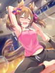  1girl absurdres alternate_costume animal_ears armpits arms_up blush breasts brown_hair collarbone hair_ornament hair_ribbon highres horse_ears horse_tail medium_breasts navel official_art open_mouth ribbon smart_falcon_(umamusume) solo sweat tail umamusume window 