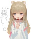  1girl animal_ear_fluff animal_ears blue_eyes blush candy cat_ears dress eyebrows_visible_through_hair finger_heart food full_body light_brown_hair lollipop long_hair looking_at_viewer multiple_views original sketch smile sparkling_eyes tongue tongue_out upper_body white_dress wolflove 