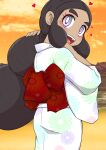  1girl absurdres alternate_costume aor_saiun back_bow black_hair blush bow bright_pupils clouds commentary_request cowboy_shot dark-skinned_female dark_skin forehead from_behind hands_up happy hapu_(pokemon) heart highres japanese_clothes kimono light_blush long_hair long_sleeves looking_at_viewer looking_back nape open_mouth orange_background orange_sky outdoors partial_commentary pokemon pokemon_(game) pokemon_sm red_bow sidelocks sky smile solo standing sunset teeth textless tongue violet_eyes white_kimono white_pupils wide_sleeves 