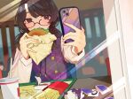  1girl black_hair burger cellphone covered_mouth drink eating food foreshortening glasses highres holding holding_food holding_phone indoors kyomunohi long_hair long_sleeves people phone smartphone solo_focus touhou tray usami_sumireko 
