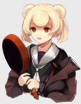  1girl :d @_@ animal_ears arknights bear_ears black_jacket blonde_hair blue_dress dress frying_pan grey_background gummy_(arknights) highres holding holding_frying_pan jacket long_sleeves open_clothes open_jacket open_mouth orange_eyes sailor_collar sailor_dress samidareame short_hair simple_background sketch smile solo upper_body white_sailor_collar 