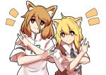  2girls ahoge animal_ears ascot asymmetrical_hair bangs black_ascot blonde_hair brown_eyes brown_vest closed_mouth collared_shirt commentary_request cookie_(touhou) eyebrows_visible_through_hair fang fox_ears fox_girl fox_shadow_puppet green_ribbon hair_between_eyes highres kudamaki_tsukasa leftame light_brown_hair looking_at_viewer medium_hair miramikaru_riran multiple_girls red_eyes ribbon romper shirt short_sleeves sidelocks simple_background skin_fang smile touhou trait_connection transparent_background upper_body vest white_romper white_shirt 