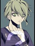  1boy amami_rantarou bangs closed_mouth collarbone danganronpa_(series) danganronpa_v3:_killing_harmony earrings green_hair grey_background hand_up index_finger_raised jewelry male_focus necklace pillarboxed satori_(aosky9077) shirt short_hair smile solo striped striped_shirt 
