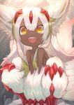  1girl :d akuma_(st.takuma) animal_ears bangs breasts claws commentary dark-skinned_female dark_skin extra_arms fangs faputa fur hair_between_eyes highres long_hair looking_at_viewer made_in_abyss monster_girl multiple_tails nude open_mouth sharp_teeth small_breasts smile solo squatting tail teeth white_fur white_hair yellow_eyes 