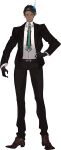  1boy absurdres aragami_oga belt belt_buckle black_gloves black_hair black_jacket black_pants black_suit brown_footwear buckle collared_shirt dark-skinned_male dark_skin dog_tags earrings formal full_body gloves green_eyes green_hair green_legwear green_necktie hand_on_hip highres hoe-l holostars horns ice_horns jacket jewelry multicolored_hair necktie official_art oxfords pants pointy_footwear shirt single_earring single_horn standing streaked_hair suit transparent_background v-shaped_eyebrows white_shirt 