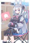  1girl :&lt; absurdres animal_ear_headphones armband blue_archive bulletproof_vest cellphone chair commentary_request halo highres knee_pads long_hair miyako_(blue_archive) phone school_uniform silver_hair sitting solo tactical_clothes veni_tsubaki violet_eyes 