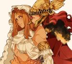  2girls armor breasts brown_hair cape covered_eyes crossover curvy dark_souls_(series) dark_souls_i drenched-in-sunlight dress elden_ring helmet helmet_over_eyes hug large_breasts long_hair malenia_blade_of_miquella mechanical_arms multiple_girls prosthesis prosthetic_arm queen_of_sunlight_gwynevere red_cape redhead simple_background single_mechanical_arm smile very_long_hair winged_helmet yuri 