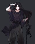  1boy belt chain closed_mouth collarbone cuffs fingernails grey_background hand_on_own_head highres long_fingernails male_focus original red_eyes red_nails shackles simple_background solo stitches torn torn_clothes vampire zero808w 