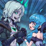  1boy 1girl :d ahoge bangs black_bow black_jacket black_sclera black_sleeves blue_hair blush_stickers bow collarbone colored_sclera detached_sleeves dress eye_contact from_side green_eyes grey_dress grey_hair gwen_(league_of_legends) hair_bow holding_hands jacket league_of_legends looking_at_another medium_hair open_clothes open_jacket open_mouth phantom_ix_row shiny shiny_hair smile strapless strapless_dress torn_jacket upper_body viego_(league_of_legends) 