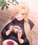  1girl :d absurdres bangs black_sweater blonde_hair blush cup dutch_angle eyebrows_visible_through_hair eyes_visible_through_hair fang gelatin hair_between_eyes highres holding holding_cup long_hair long_sleeves looking_at_viewer nijisanji nui_sociere plant plate puffy_long_sleeves puffy_sleeves riz3 skin_fang smile solo sweater tea teacup upper_body virtual_youtuber yellow_eyes 