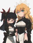  2girls :/ absurdres alternate_eye_color alternate_hair_color aqua_eyes arm_hug armor bangs black_eyes black_hair black_nails blonde_hair blunt_bangs blush borrowed_character breasts commentary cowboy_shot executioner_maid_(centuriic) eyebrows_visible_through_hair flareze_(porforever) freckles gauntlets glasses hair_between_eyes highres horns juliet_sleeves long_hair long_sleeves looking_at_viewer maid_headdress medium_breasts multiple_girls original pelvic_curtain pointy_ears porforever puffy_sleeves red-framed_eyewear semi-rimless_eyewear simple_background smile symbol-only_commentary under-rim_eyewear underbust white_background 