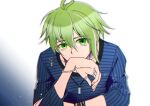  1boy amami_rantarou bangs blue_shirt bracelet covering_mouth danganronpa_(series) danganronpa_v3:_killing_harmony earrings gradient gradient_background green_eyes green_hair grey_background hair_between_eyes hand_over_own_mouth hand_up highres jewelry long_sleeves necklace ring satori_(aosky9077) shirt solo striped striped_shirt upper_body 