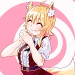  1girl absurdres ahoge animal_ear_fluff animal_ears asymmetrical_hair bangs black_necktie blonde_hair blush breasts brown_skirt brown_vest closed_eyes closed_mouth collared_shirt commentary_request cookie_(touhou) cowboy_shot eyebrows_visible_through_hair fang fang_out fox_ears fox_girl fox_tail highres medium_breasts medium_hair miramikaru_riran necktie own_hands_clasped own_hands_together pink_background psychic_parrot shirt short_sleeves sidelocks skirt smile solo spiral_background tail two-tone_background vest white_background white_shirt 