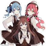  2016 3girls ahoge akakura arms_behind_back bangs blue_eyes blue_hair brown_hair closed_mouth company_name copyright dress finger_to_cheek frills green_eyes hand_on_hip hand_up hands_up hat hololive hoshimachi_suisei looking_at_viewer multiple_girls official_art open_mouth redhead sakura_miko side_ponytail simple_background smile tokino_sora white_background 