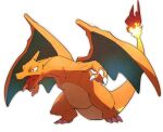  black_eyes bright_pupils charizard claws commentary_request fangs fire flame-tipped_tail full_body highres looking_down morio_(poke_orio) no_humans open_mouth pokemon pokemon_(creature) simple_background solo standing tongue white_background 