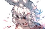  1girl animal_ear_fluff animal_ears bangs closed_mouth collarbone commentary_request eyebrows_visible_through_hair fox_ears grey_hair hair_between_eyes hair_ornament hairclip highres original petals red_eyes sketch smile solo upper_body white_background x_hair_ornament yuuji_(yukimimi) 