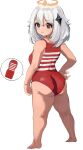  1girl absurdres ass blue_eyes feet genshin_impact hair_ornament halo highres legs looking_at_viewer mamimi_(mamamimi) paimon_(genshin_impact) red_swimsuit shortstack simple_background standing striped striped_swimsuit swimsuit thick_thighs thighs thought_bubble white_background white_hair 