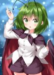  1girl :o antennae bangs black_cape black_shorts blush cape collared_shirt cowboy_shot dress_shirt eyebrows_visible_through_hair green_eyes green_hair hair_between_eyes highres long_sleeves looking_at_viewer open_mouth parted_lips ruu_(tksymkw) shirt short_hair short_shorts shorts solo standing touhou white_shirt wriggle_nightbug 