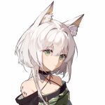  1girl animal_ear_fluff animal_ears arknights bangs bare_shoulders black_choker breasts cat_ears choker commentary_request criss-cross_halter dress eyebrows_visible_through_hair green_dress green_eyes hair_between_eyes hair_intakes halterneck highres kal&#039;tsit_(arknights) looking_at_viewer off-shoulder_dress off_shoulder oripathy_lesion_(arknights) short_hair silver_hair simple_background small_breasts solo tucaohezi upper_body white_background 