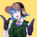  1girl absurdres bangs baseball_cap black_gloves blue_dress blue_eyes blush bow bowtie brown_headwear bulletproof_vest cirno cirno_(cookie) collared_shirt commentary_request cookie_(touhou) dress gloves hair_between_eyes hat headset highres looking_at_viewer open_mouth pinafore_dress psychic_parrot red_bow red_bowtie shirt short_hair simple_background smile solo tactical_clothes touhou upper_body white_shirt yellow_background 