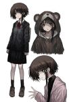  1girl absurdres animal_costume asymmetrical_hair bear_costume brown_eyes brown_hair closed_mouth commentary hair_ornament hairclip highres iwakura_lain looking_at_viewer school_uniform serial_experiments_lain short_hair simple_background skirt solo sono_(user_dmxn5534) white_background x_hair_ornament 