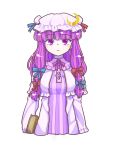  1girl bangs blunt_bangs book bow crescent crescent_hat_ornament cropped_torso dress eyebrows_visible_through_hair fufuyomumusu hat hat_ornament highres long_hair looking_at_viewer mob_cap patchouli_knowledge purple_hair ribbon solo striped touhou upper_body violet_eyes 