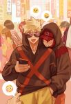  2boys bakugou_katsuki bangs baseball_cap black_hoodie blonde_hair boku_no_hero_academia donnaoneone emoji hand_in_another&#039;s_pocket hat highres holding holding_phone hood hood_up hoodie kirishima_eijirou looking_at_viewer male_focus multiple_boys orange_pants pants phone redhead sharp_teeth short_hair smile sunglasses teeth tongue tongue_out v yellow_pants 