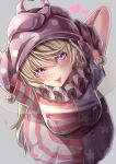  1girl :p absurdres american_flag_dress blonde_hair breasts clownpiece eyebrows_behind_hair grey_background hat heart highres jester_cap long_hair looking_at_viewer maboroshi_mochi medium_breasts pink_eyes polka_dot polka_dot_headwear short_sleeves simple_background solo tongue tongue_out touhou very_long_hair 
